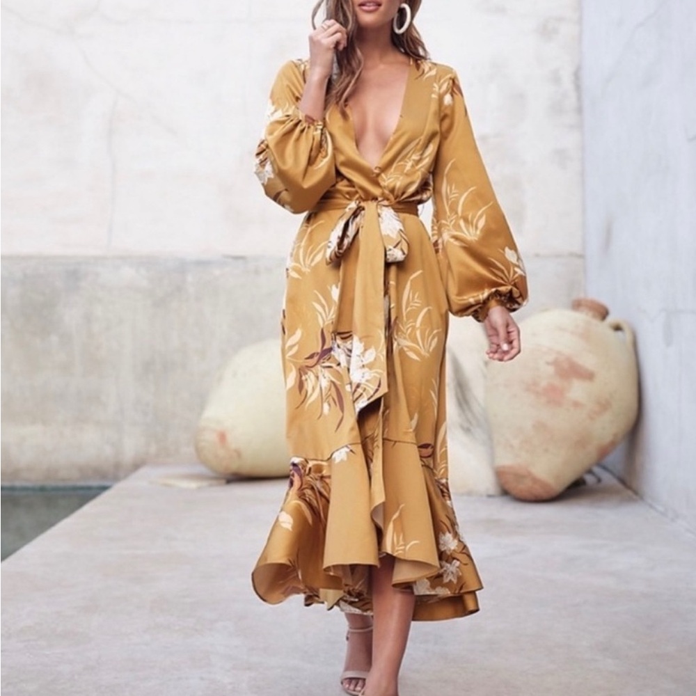 Express Mustard Floral Satin Wrap Maxi Dress with Long Sleeves